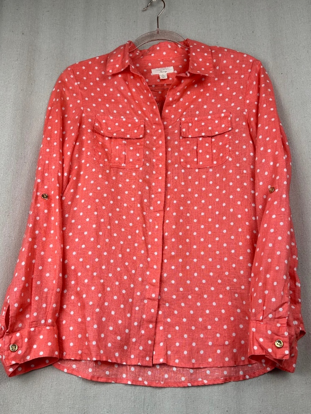 Linen Charter Club Luxury Shirt Small Button-Down Pink Polka Dot Roll-Tab